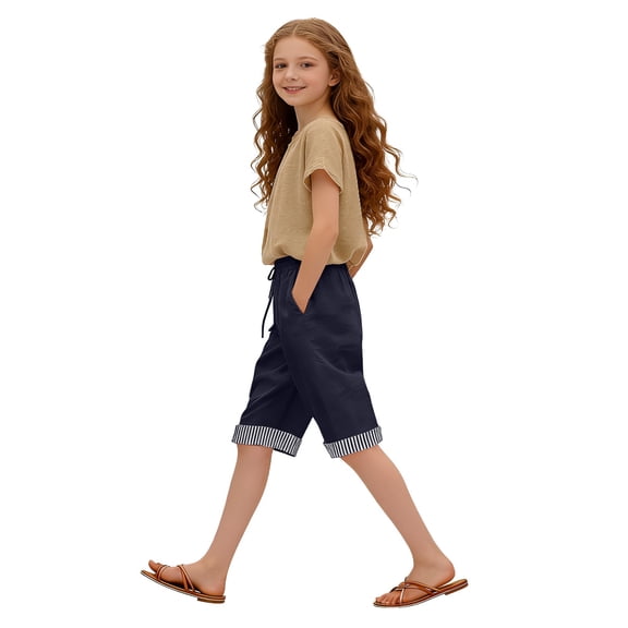 UACY Shorts for Girls Knee Length High Waisted Long Linen Shorts with Pockets Wide Leg Summer Lounge Baggy Linen Pants 