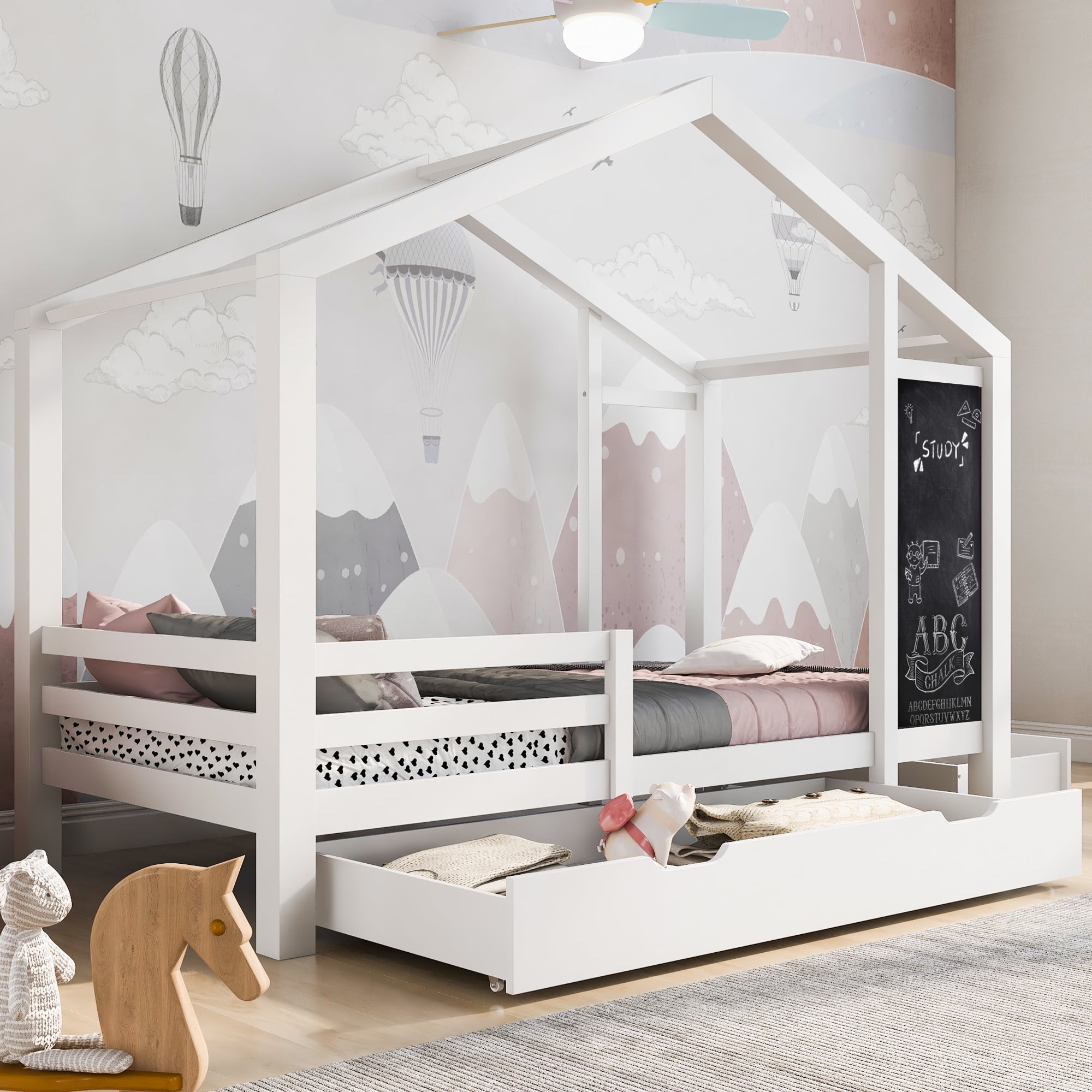Euroco Pine Wood Full Size House Canopy Bed with Trundle and Blackboaed, Daybed with Drawers for Kids, White