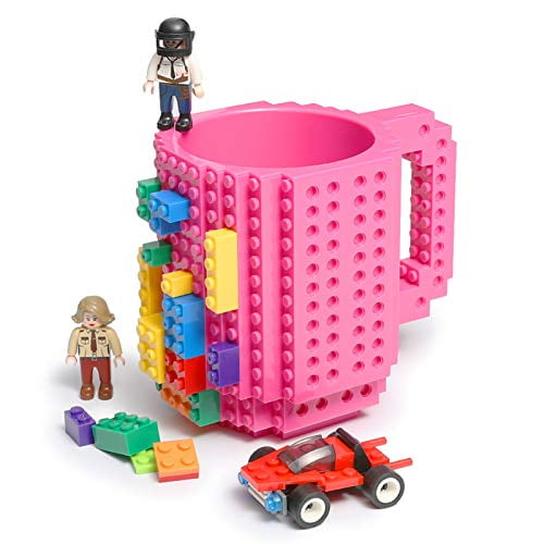 Build-on Brick Coffee Mug, Funny DIY Novelty Cup with Building Blocks Creative for Kids Men Women Xmas Birthday (Rose)
