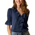 thumbnail image 6 of Unique Bargains Women's Ruffle V Neck Half Bell Sleeve Casual Chiffon Top XL Navy Blue, 6 of 8