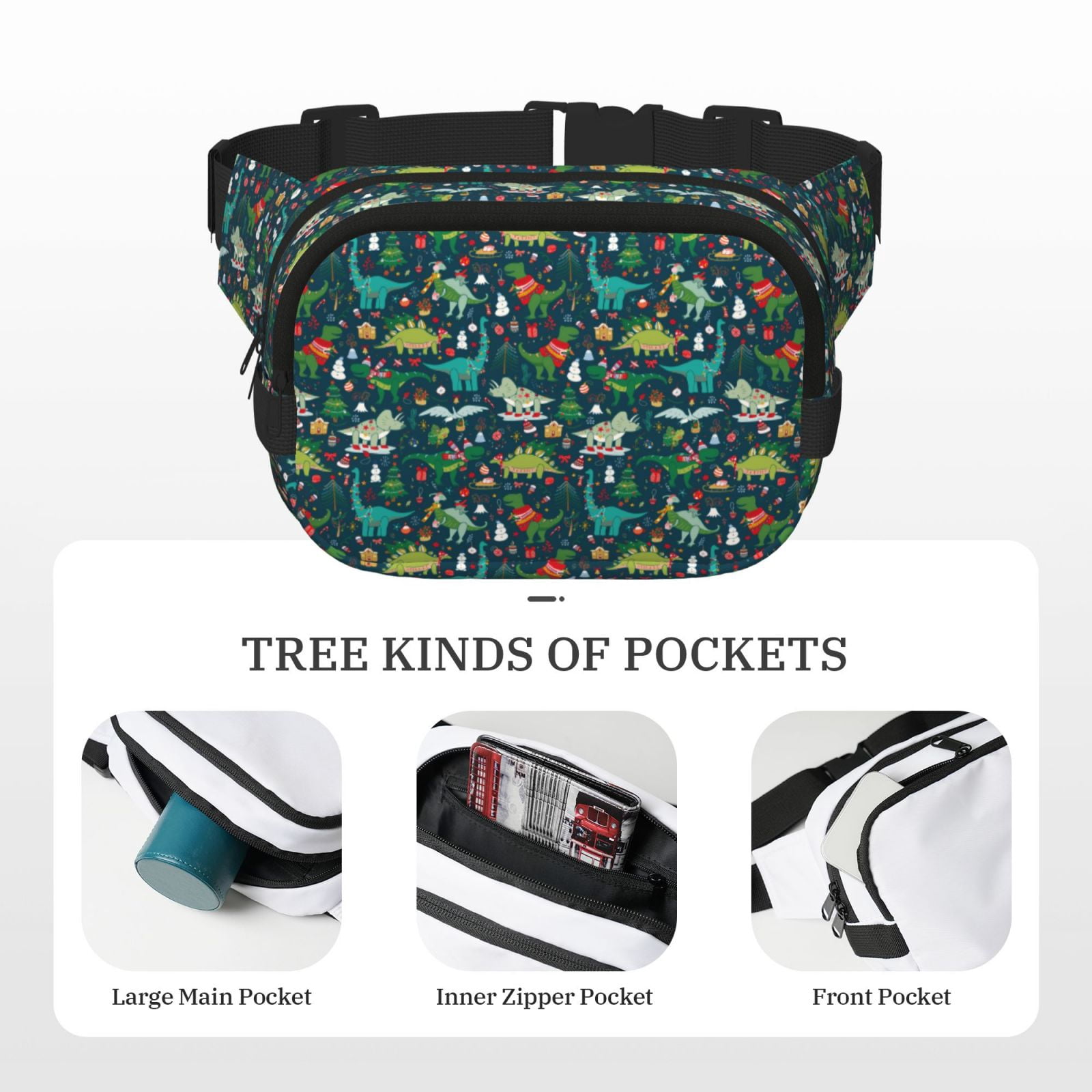 Picia Christmas Dinosaur colorful Print Square Double-Layer Waist Bag Mini Adjustable Waist Belt Bag Exercise Running Travel Hiking