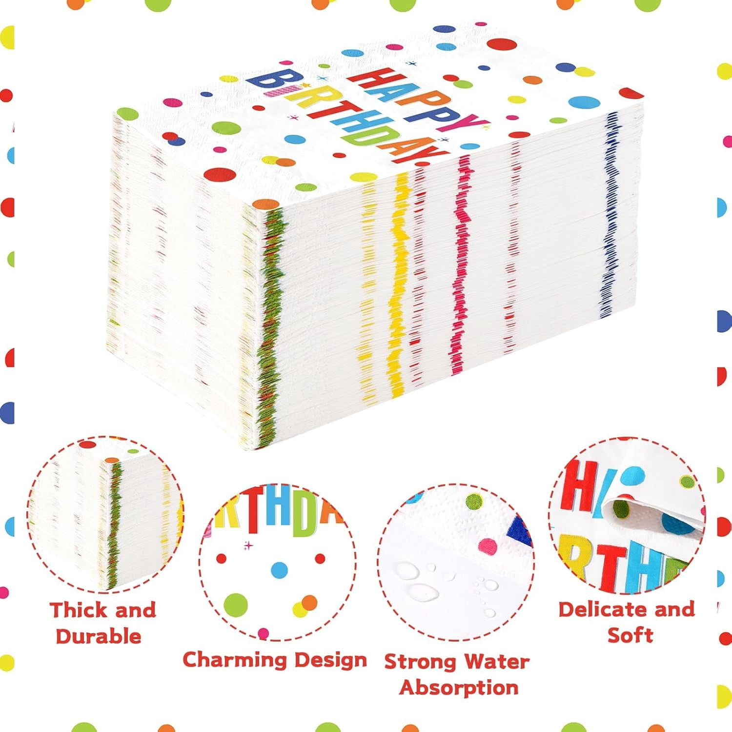 100 Pcs Happy Birthday Paper Napkins 3 Ply Colorful Dots Birthday Hand Towels Disposable Absorbent Colorful Polka Dot Guest Napkins for Christmas Adults Kids Birthday Cocktail Picnic Party Supplies