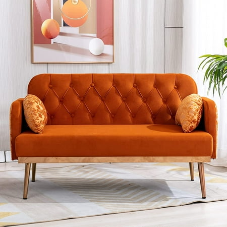 55-inch Small Velvet Couch with Elegant Moon Shape Pillows  Twin Size Loveseat Accent Sofa with Golden Metal Legs  Living Room Sofa with Tufted Backrest  600 Pounds Weight Capacity-Orange
