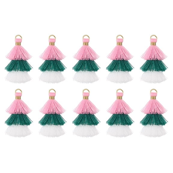 10Pcs Tiny Tri-Layered Tassels 1.6" Mini Tassel Bag Charm Bohemian Keychains for DIY Projects (Pink/Green/White)