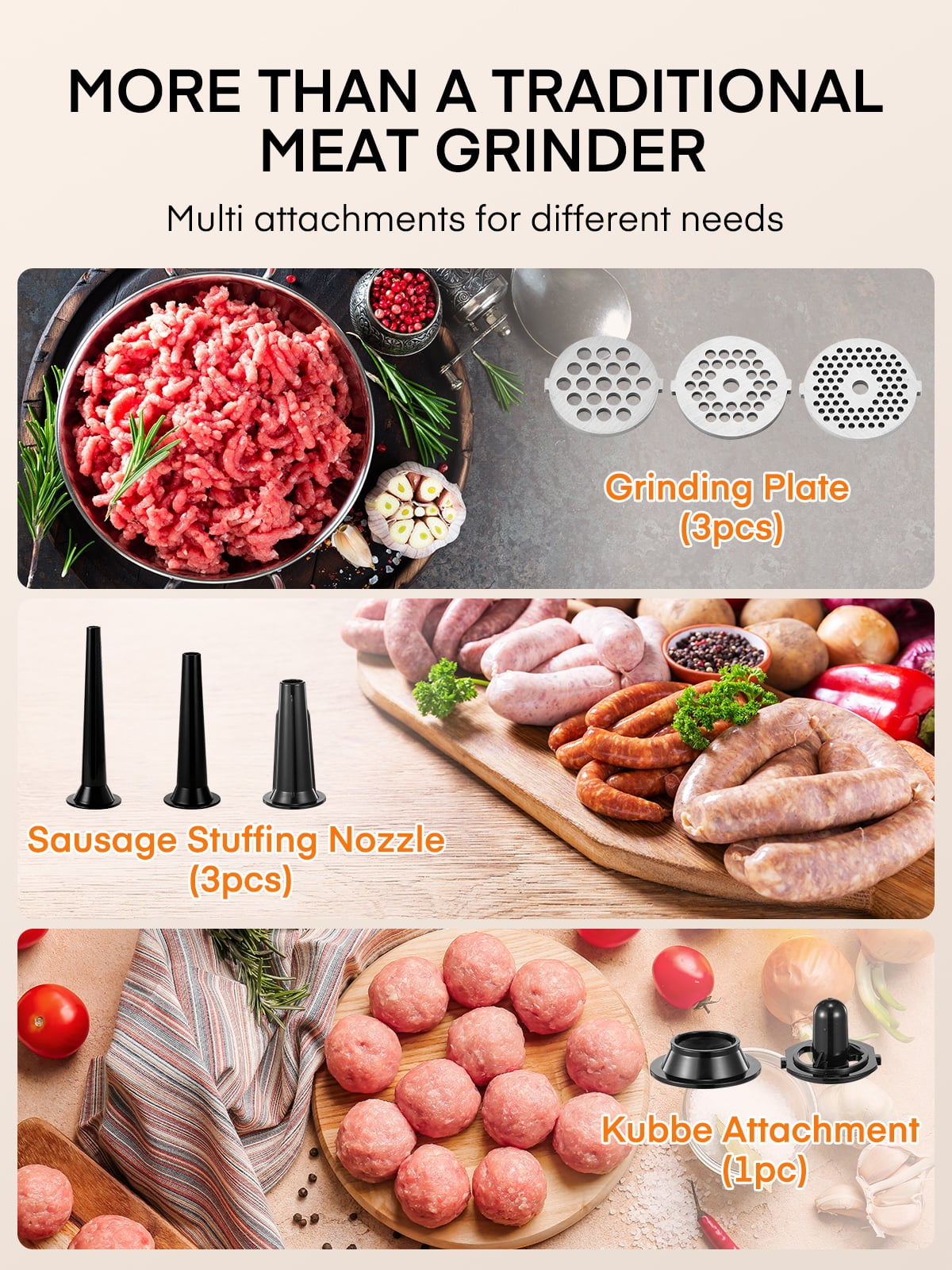 FOHERE Electric Meat Grinder Heavy Duty 3200W Max Stainless Steel with Blades, Plates, Sausage Tubes & Kubbe Kit for Home Use