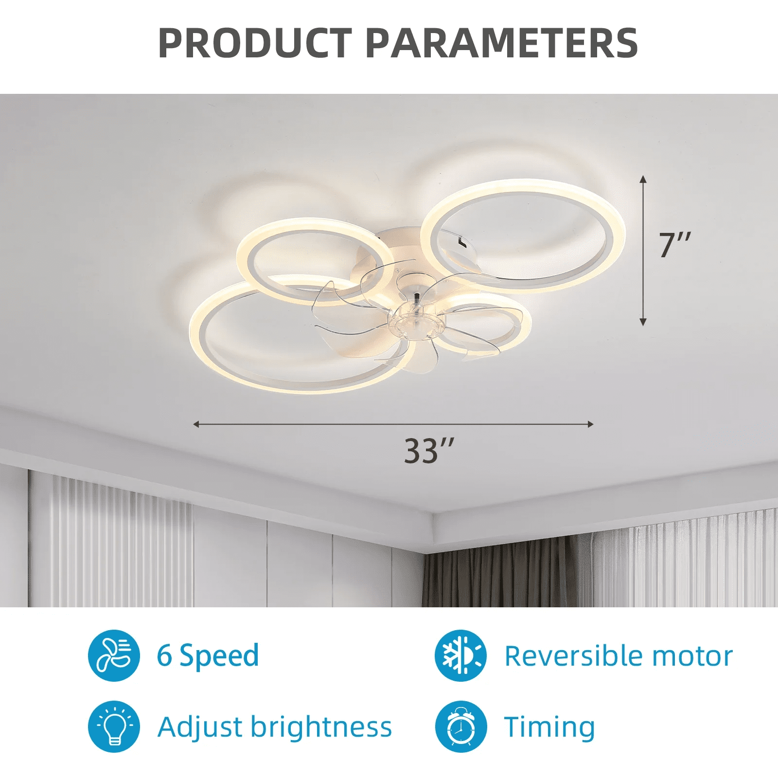 33'' Ceiling Fan with Light and Remote Control ，Low-Profile Modern Flush Mount Installation, Dimmable with 6 Speed Options for Bedrooms, Living Rooms, Dining Rooms, and Kitchens