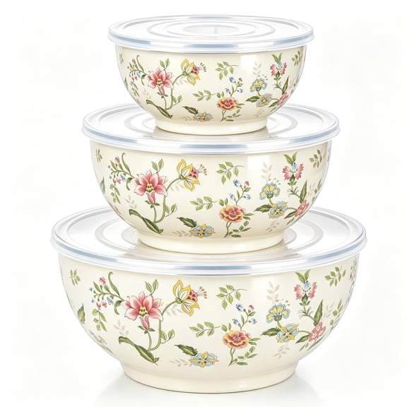 TINANA Enamel Mixing Bowls with Lids 3 Pack, Vintage Floral Nesting Bowls Set, 4.5/3/1 QT Enamelware Bowls for Salad, Food Prep, Serving and Storage