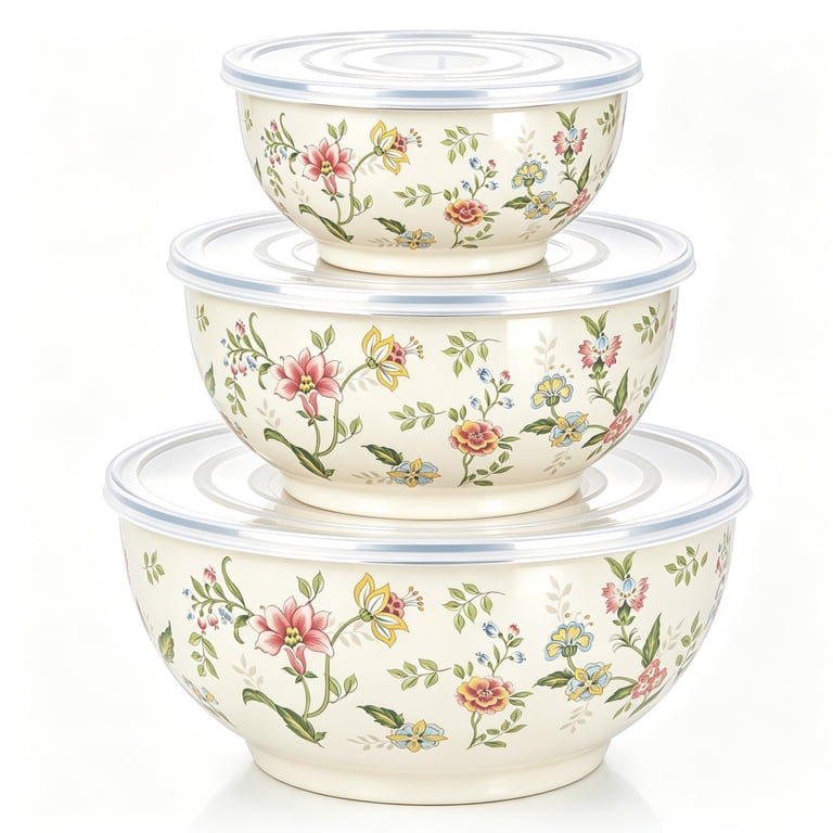 TINANA 3-Piece Enamel Mixing Bowls with Lids, Vintage Floral photo 1
