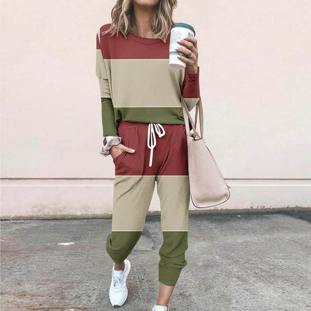 UPPADA Ensemble Assorti 2 Pcs pour Femme, Survêtement pour Femme 2 Pcs Chandails à Col Rond, Hauts à Enfiler, Pantalons Jogger, Ensembles de Détente avec Poches Vert Armée, P