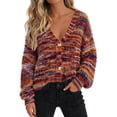 thumbnail image 1 of Suéter PRETTYGARDEN a Rayas con Cuello en V y Botones, Peludo, Talla M, 1 of 4