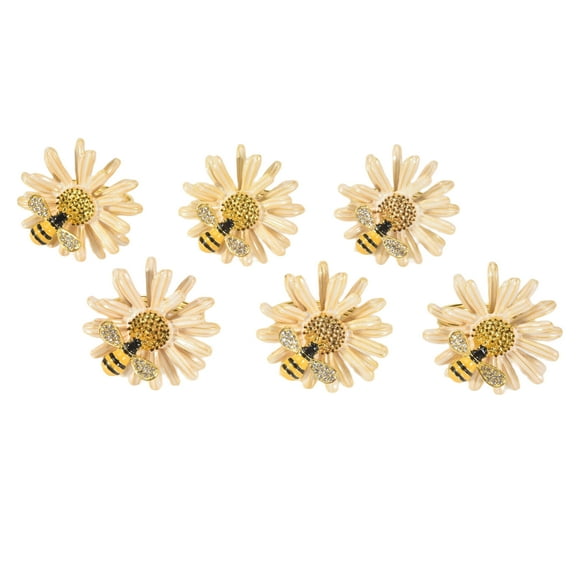 Set of 6 Daisy Sunflower Napkin Rings, Gold Bee Napkin Ring Holders for Formal or Casual Dinning Table Decor