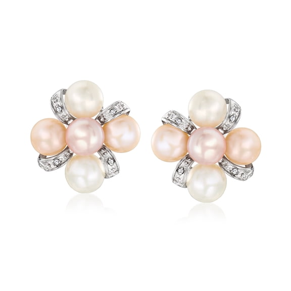 Ross-Simons 7-7.5mm Multicolored Cultured Pearl Earrings With Diamonds in Sterling Silver, Women's, Adult