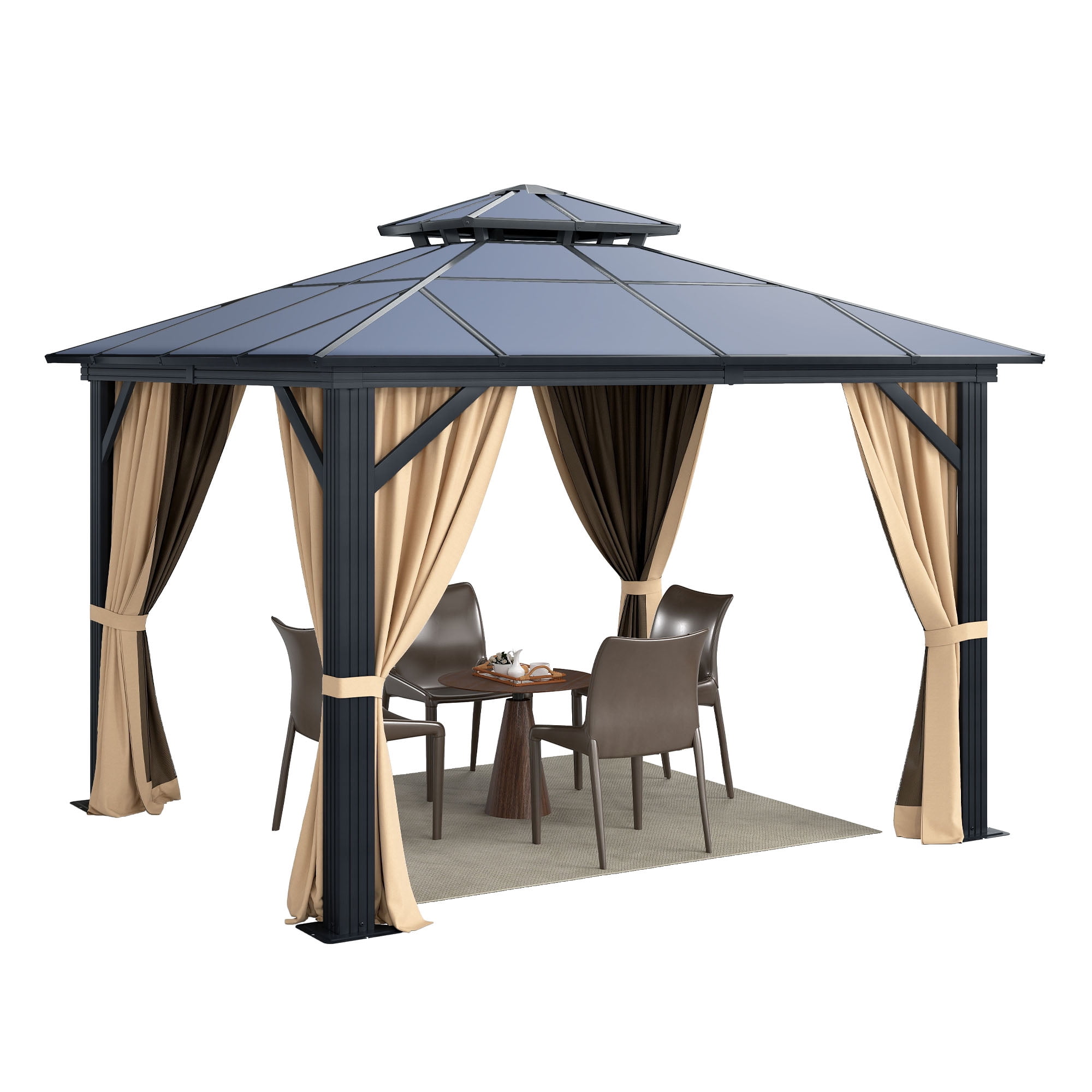 Dextrus 10' x 10'  Hardtop Gazebo with Netting & Shaded Curtains, Outdoor Polycarbonate Double Roof Canopy,Aluminum Column Garden Tent for Patio, Backyard, Black&Brown