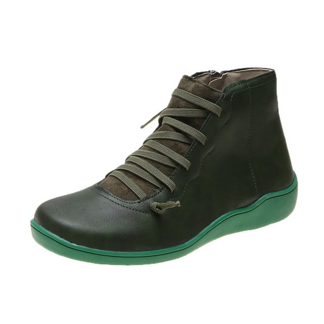 Funie Women Autumn Winter Round Toe Faux Leather Lace Up Boots Ankle Bootie Zip Shoes