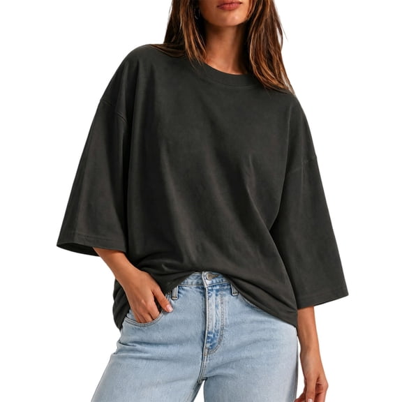 Yaruuzi 3/4 Length Sleeve Womens Tops Business Casual Outfits Fall Tops Fashion Clothing Oversized Blouses Crewneck T Shirts Elbow Length Tops Cute Tops Quarter Sleeve Tops Black L