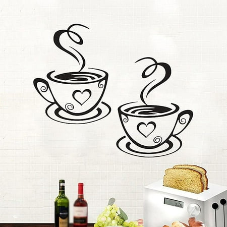 2 Pieces Kitchen Wall Decor Stickers Two Coffee Cups Black Decals For Bar And Station L Stick Wallpaper Diy Art Mural Posters Home Canada - Coffee Bar Wall Decals