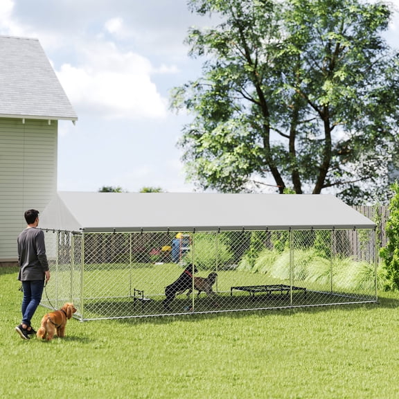 PawHut Outdoor Dog Kennel, Heavy Duty Large Dog Kennel Outside with Waterproof Roof, 2 Secure Latches, Dog Run for Backyard, 20' x 10' x 7'