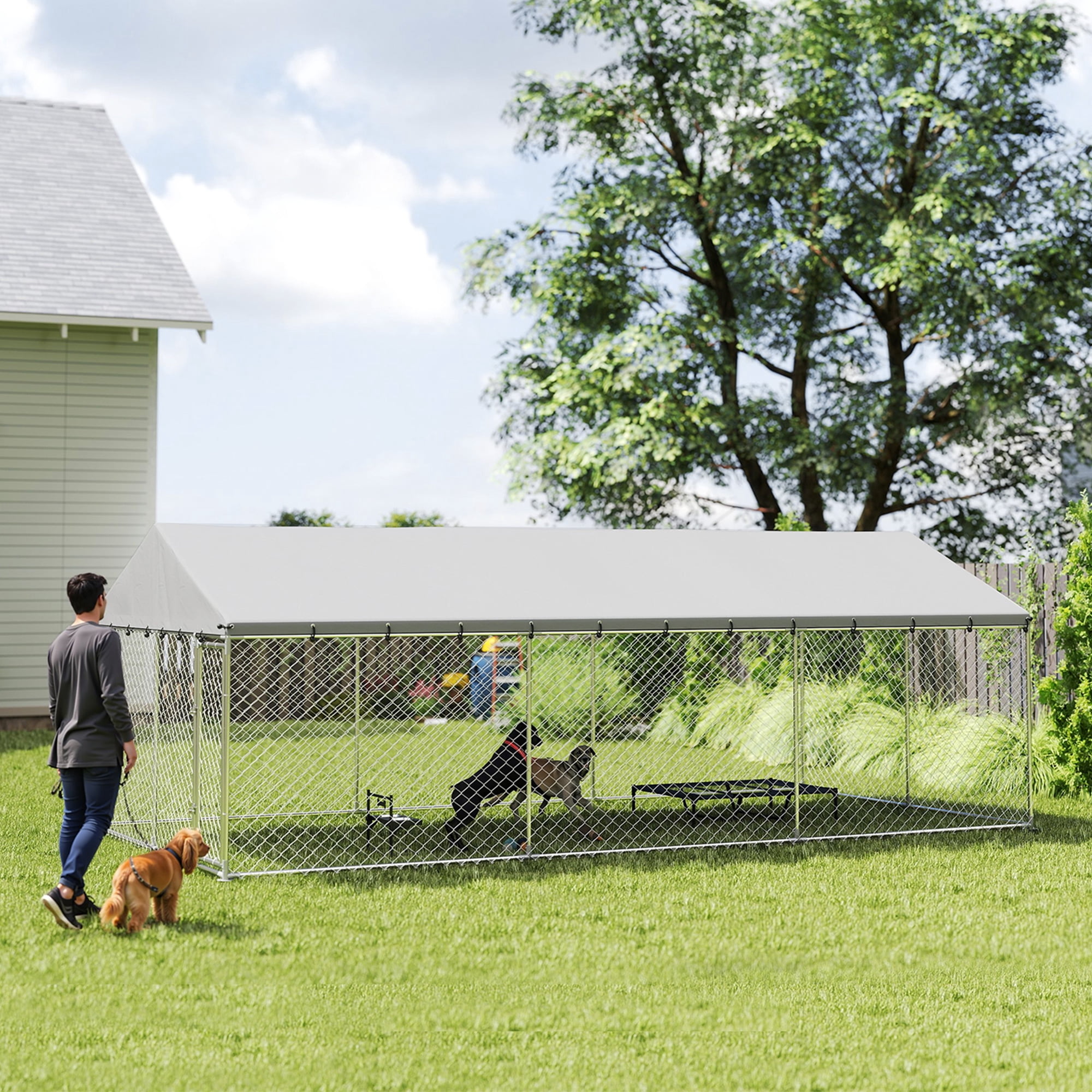 PawHut Outdoor Dog Kennel, Heavy Duty Large Dog Kennel Outside with Waterproof Roof, 2 Secure Latches, Dog Run for Backyard, 20' x 10' x 7'