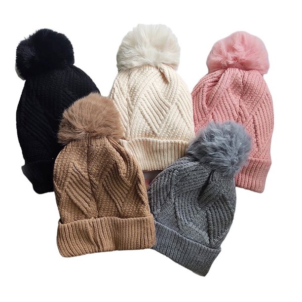 Gorro de Mujer Gorro Antialérgico de Lana Perla y Pirámide Forrado con Pompón Deng Xun unisex