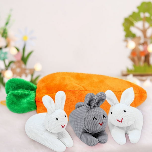 Decoración de Pascua, adornos de Pascua, regalos de Pascua, decoración del hogar, muñeco de peluche con tres conejos en una bolsa de zanahoria, juego de muñecos de Pascua, decoración de Pascua, regalo