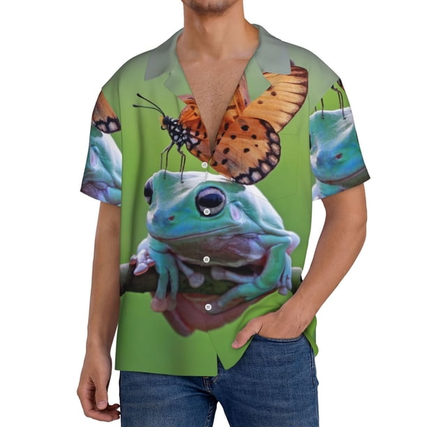 Fotbe Butterfly Landing On Head Dumpy Frog Camisa Estampada de Manga Corta para Hombre, Casual de Verano, Estilo Playero, Sin Arrugas-4X-Large