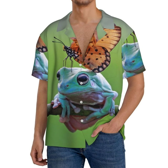 Honeii Butterfly Landing On Head Dumpy Frog for Men's Short-Sleeved Button-Up Collared Shirt Featuring A Pocket, Perfect for Beach Vacations, And Travel Adventures-Small