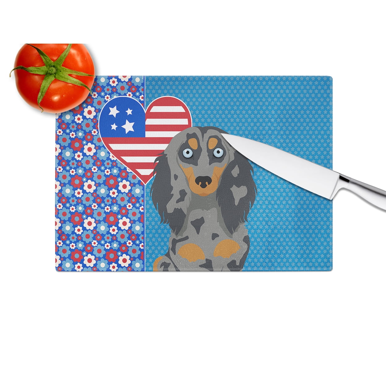Longhair Blue and Tan Dapple Dachshund Glass Cutting Board Large 12 in x 15 in