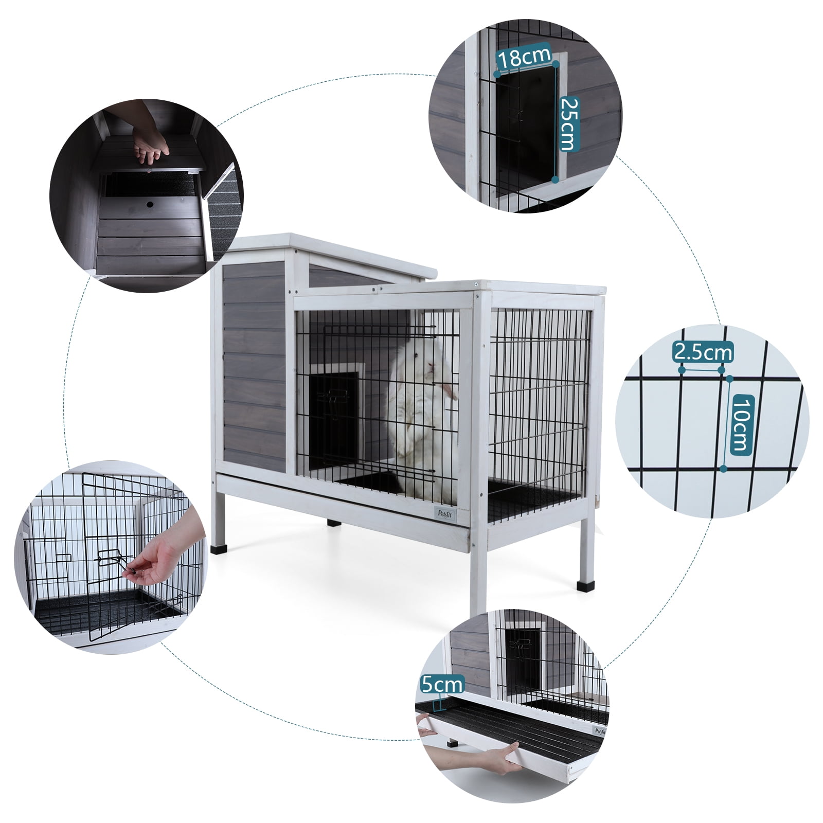 Witaxima 2-Story Wooden Rabbit Hutch with Runway, Leak-Proof Tray for Outdoor/Indoor Use, 37.5x21.5x34 Inches, Grey Small Animal Cage