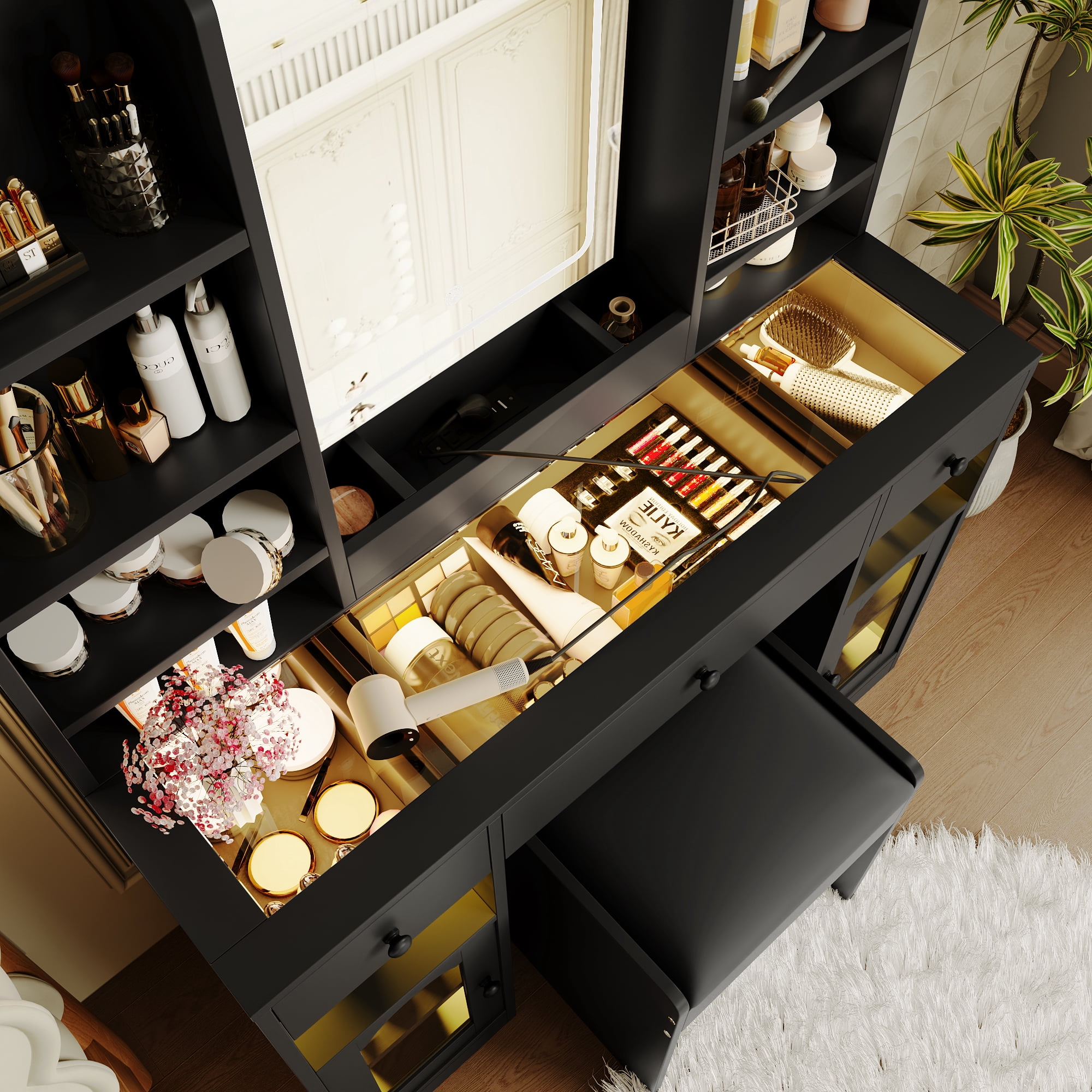 Mintazer 43.2" Vanity Desk with LED Mirror & RGB Glass Light Cabinets, Dressing Table with Charging Station & 3 Drawers, Makeup Vanity Table Set with Storage Shelves & Stool for Bedroom, Black