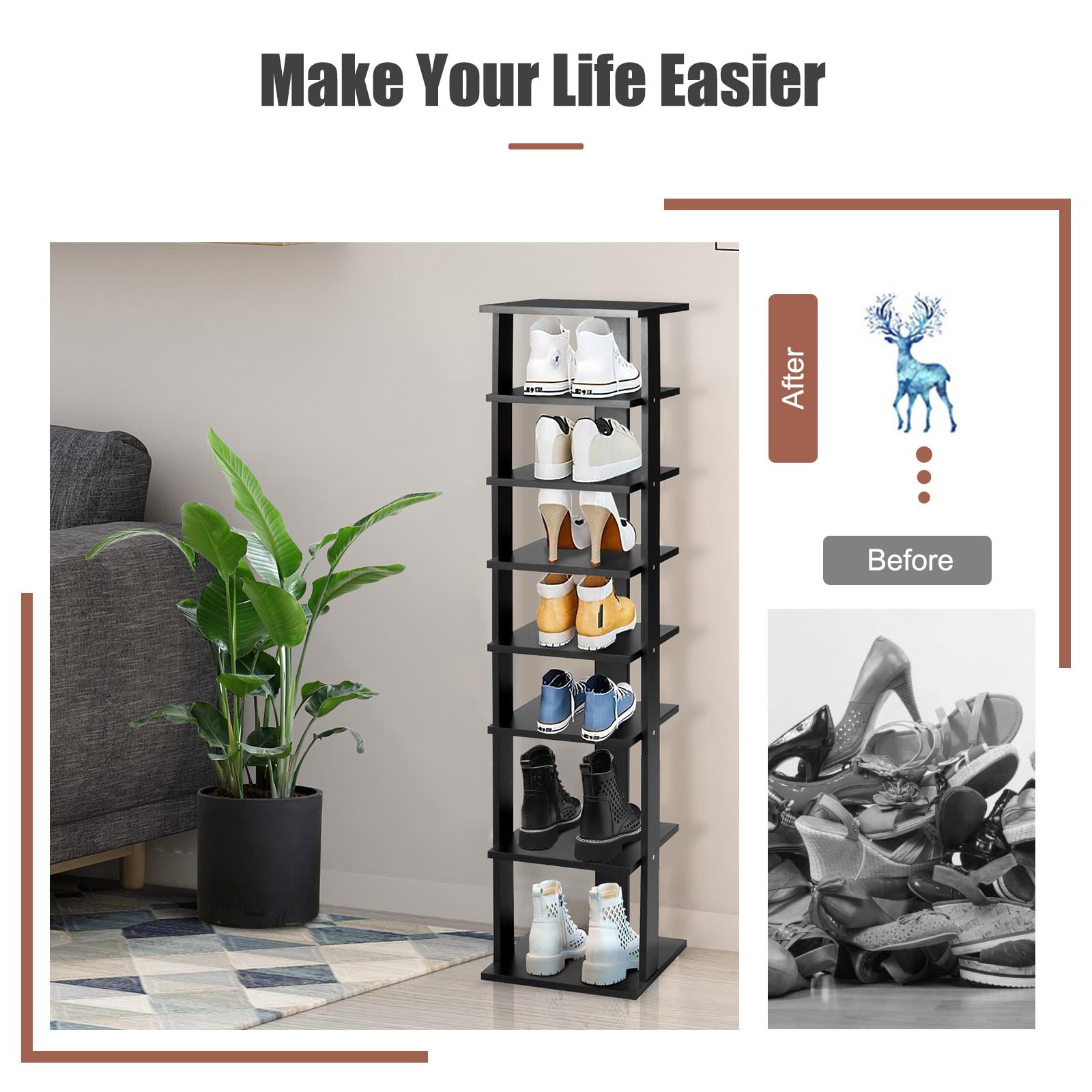 Giantex 7 Tiers Vertical Shoe Rack, Entryway Slim Wooden Shoes Racks, Skinny Shoe Organizer, Space Saving Shoes Storage Stand for Front Door, Black