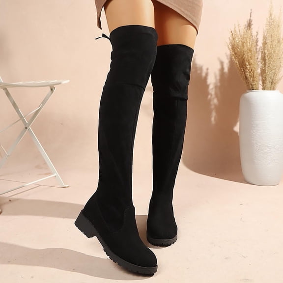 Women Round Toe Chunky Block Heel Over the Knee Boots, Stretch Thick Sole Long Thigh High Boots Comfortable Casual Dress Tall Boots for Ladies Black 9(42)