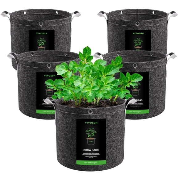VIVOSUN 5-Pack 3 Gallon Grow Bags, 500G Thick Nonwoven Fabric Pots with Strap Handles, Multi-Purpose Rings, for Low Stress Plant Training Fruits, Vegetables, and Flowers