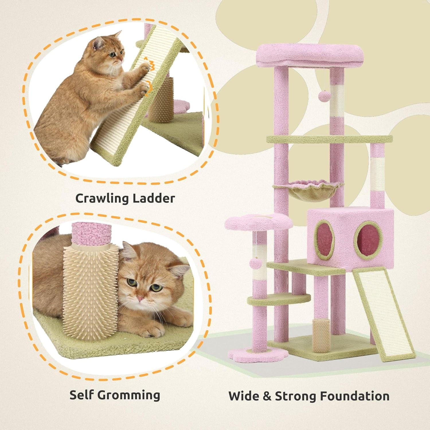 61" Tall Flower Cat Tree for Large Cats with Self-Grooming Brush, Climbing Tower for Indoor Kittens with Cat Condo, Top Perch, Basket, Sisal Scratching Posts and Dangling Ball