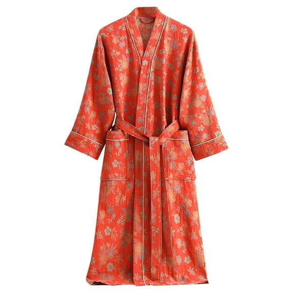 Tao Tao Women's V Neck Double Layer Gauze Long Sleeve With Pocket Belt Bathrobe Japanese Style Kimono Bathrobe Pyjamas Yukata Red M