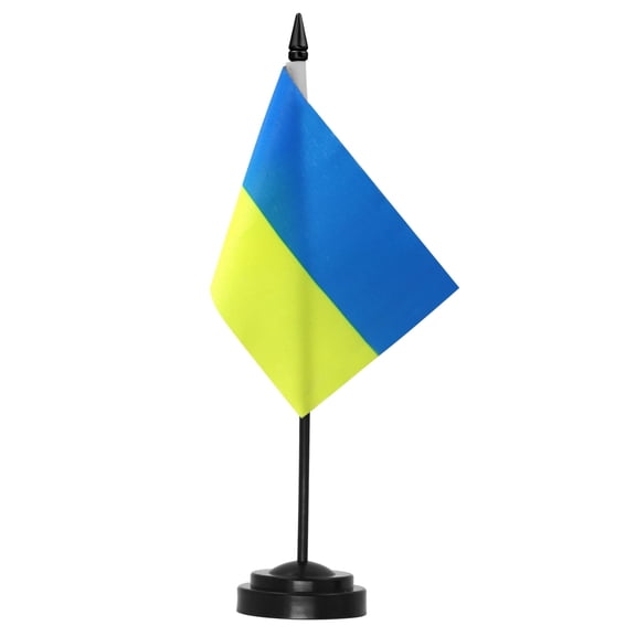 Anley Ukraine Deluxe Desk Flag Set - 6 x 4 Inch Miniature Ukrainian UKR UA Desktop Flag