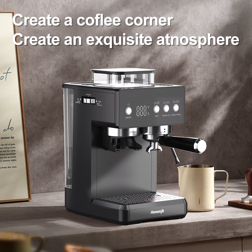 AEOMJK Grinding All-in-One Semi-Automatic Coffee Machine, Temperature Display, Time Display, Froth Milk with Steam Stick, Easy Operation Espresso Machine, Can Make Espresso, Latte, Cappuccino