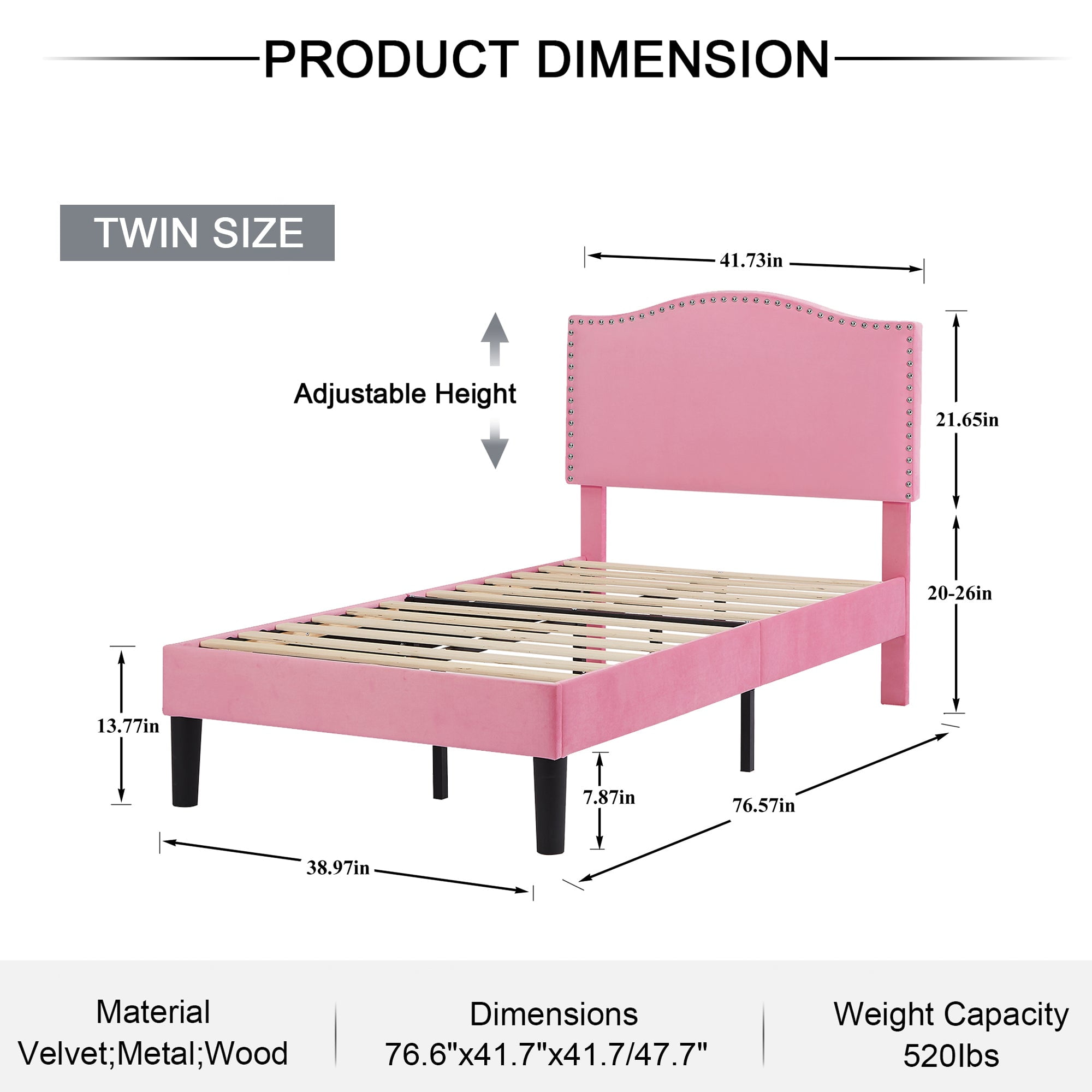 VECELO Twin Bed Frame, Nailhead Trim Upholstered Platform Bed with Adjustable Headboard, Wooden Slats Support/No Box Spring Needed, Pink