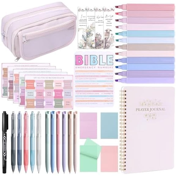 Bible Study Supplies Journaling Kit for Women, Bible Study Kit, 12 Pastel Highlighters and 12 Pens No Bleed, 75 Laminated Tabs, Prayer Journal Pencil Case and More, Beige
