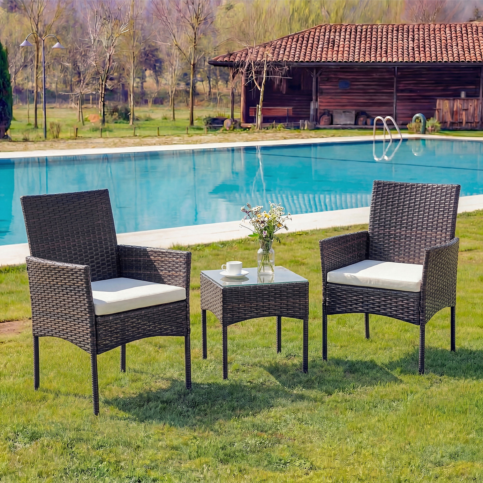 EDX 3-Piece Patio Conversation Set, All-Weather PE Rattan Outdoor Furniture with Wicker Chairs, Tempered Glass Table, Washable Cushions, Brown/Beige