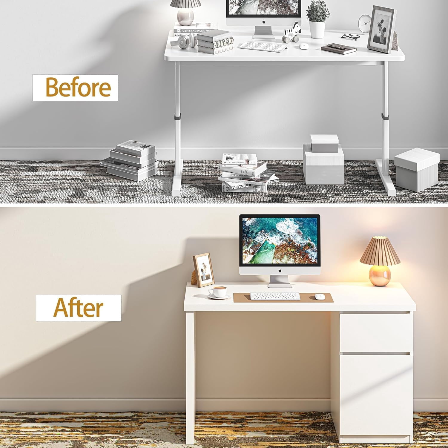 White Desk with Drawers, 55 Inch Small Cute Desk for Bedroom, Home Office PC Desk Workstation Study Table Desk with Storage, White