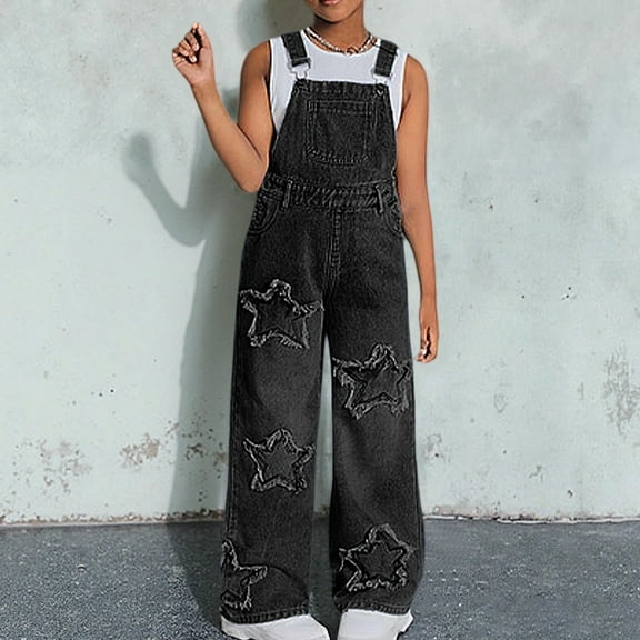 FAOWME Big Kids Denim Overalls With Pockets Sleeveless Suspenders Star Print Stretch Comfortable Jeans Jumpsuit For Daily Wear Black 8-9 Years