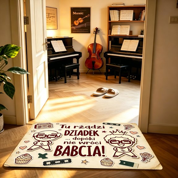 Cute Elderly Couple Sketch Polish Grandparents Quote 2D Flat Entry Doormat,Polyester,Porch Entrance HandDrawn Cartoon Character Home Decor