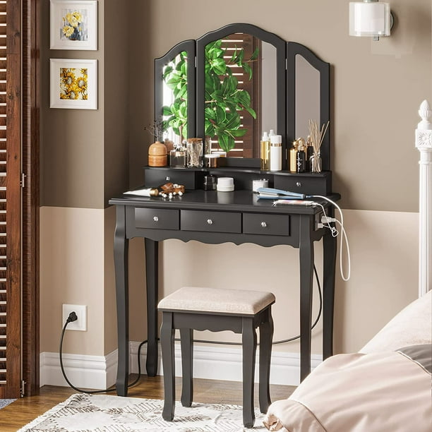 Black Vanity Desk with Charging Station&Stool 5 Drawers Makeup Vanity