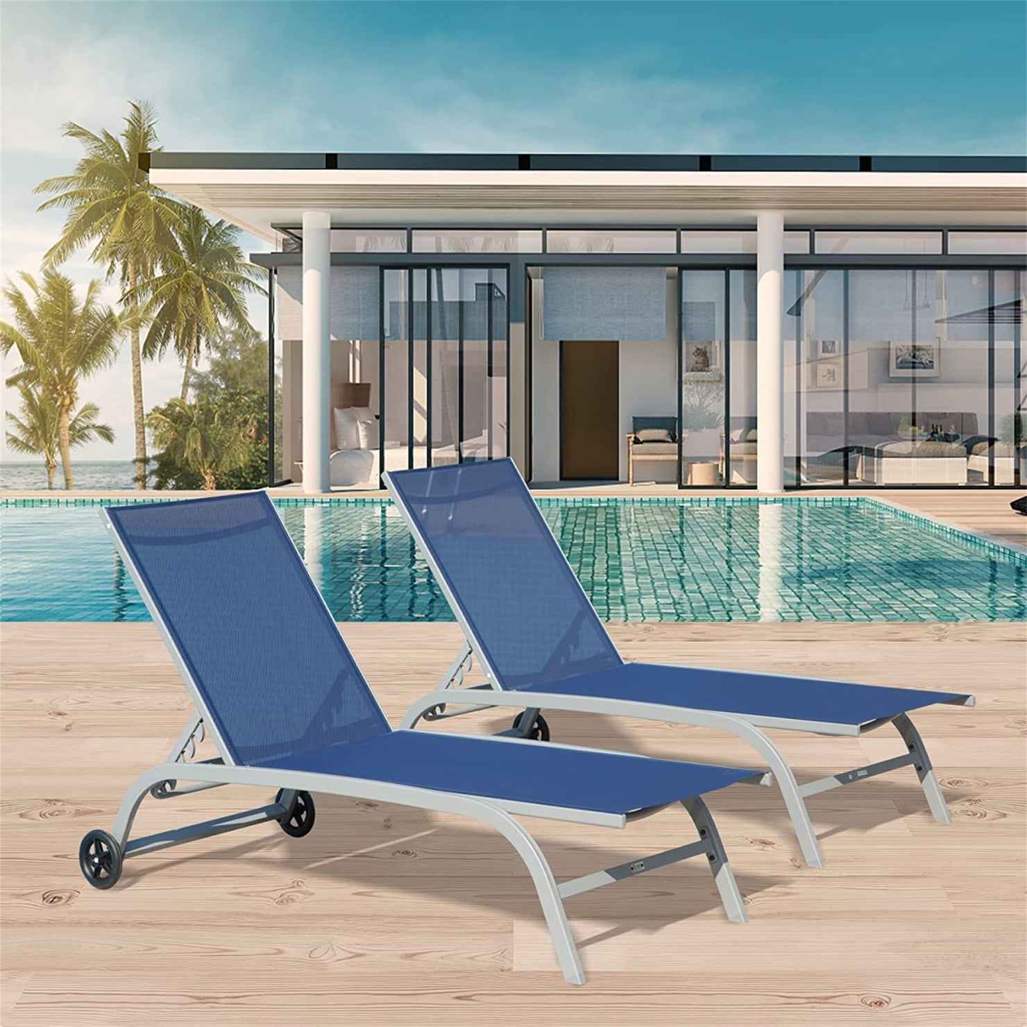 Pool Lounge Chairs Set of 2, Floating Pool Chair with Wheels, 5
