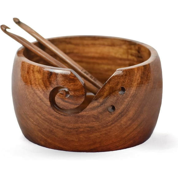 CRAFT INDIA Wooden Yarn Bowl | Handmade Knitting Wool Storage Bowl | Yarn Holder Dispenser