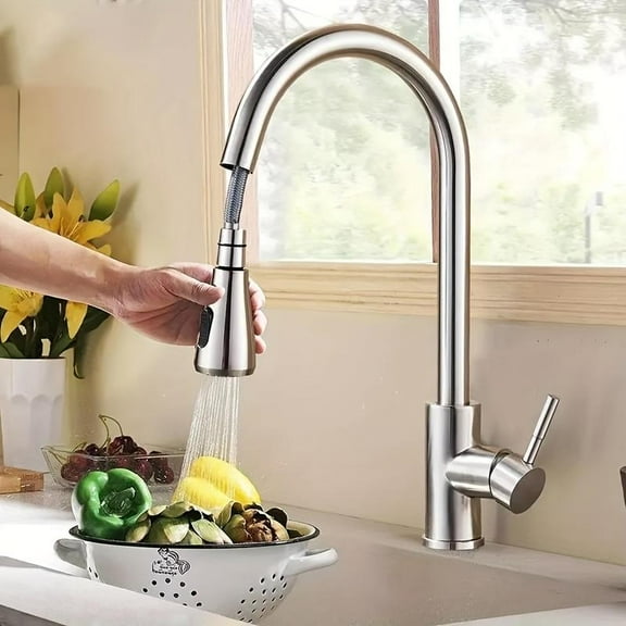 Commercial-Grade Pull-Down Kitchen Faucet - Single Handle High-Arc Brushed Nickel, Stainless Steel Sprayer Tap for Bar, RV & Farmhouse Sinks (1-Hole Install)