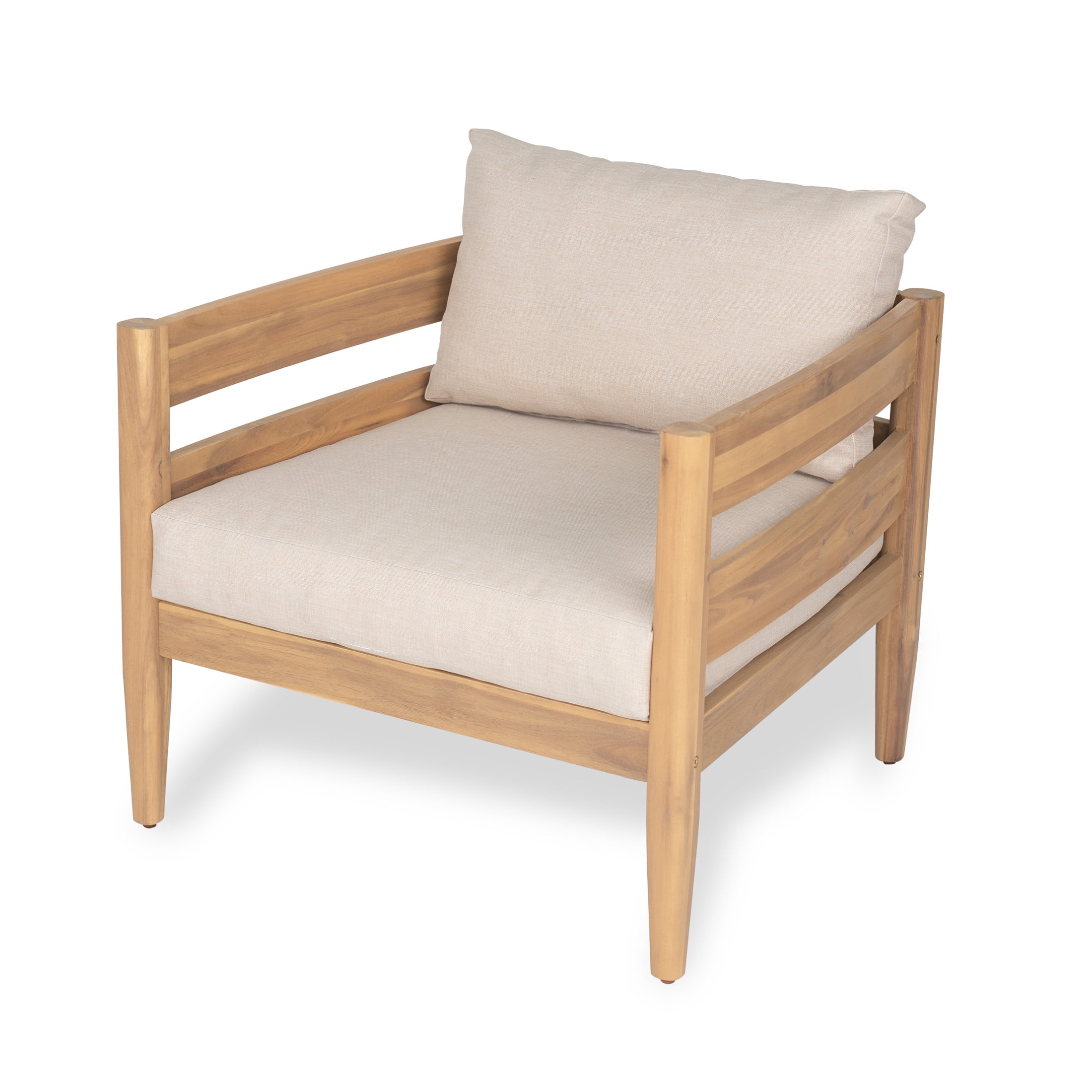 Christopher Knight Home 4-Piece Outdoor Chat Set with Slatted Loveseat, Chairs & Coffee Table, Beige Cushions