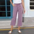 thumbnail image 2 of Kvture Linen Capri Pants for Women Casual Summer Elastic Waist Straight Leg Crop Pants Drawstring Beach Trousers with Pockets Purple XXXL, 2 of 5