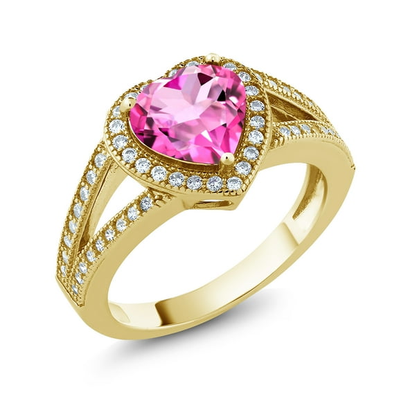 Gem Stone King 18K Yellow Gold Plated Silver Ring Heart Shape Mystic Topaz and Moissanite (2.69 Cttw) (Size 8)
