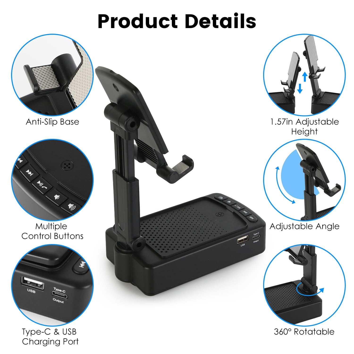 Imountek 3 in 1 Cell Phone Stand with Wireless Speaker, 8000mAh Power Bank, Compatible with Phone Tablet, Foldable Design for Home Office Outdoor, Black
